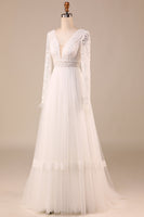 Load image into Gallery viewer, Tulle A-Line Long Sleeves Ivory Wedding Dress with Lace