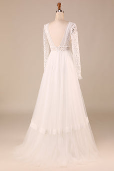 Tulle A-Line Long Sleeves Ivory Wedding Dress with Lace