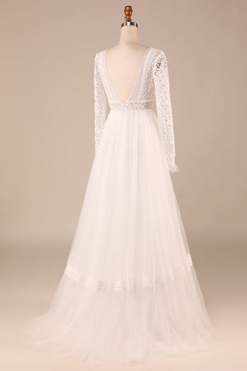 Tulle A-Line Long Sleeves Ivory Wedding Dress with Lace