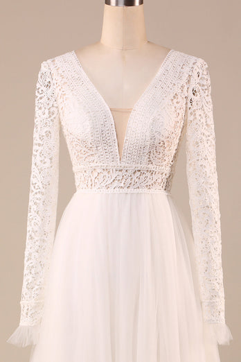 Tulle A-Line Long Sleeves Ivory Wedding Dress with Lace