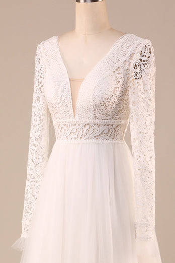 Tulle A-Line Long Sleeves Ivory Wedding Dress with Lace