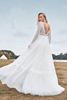 A-Line Tulle Long Sleeves Ivory Wedding Dress with Lace