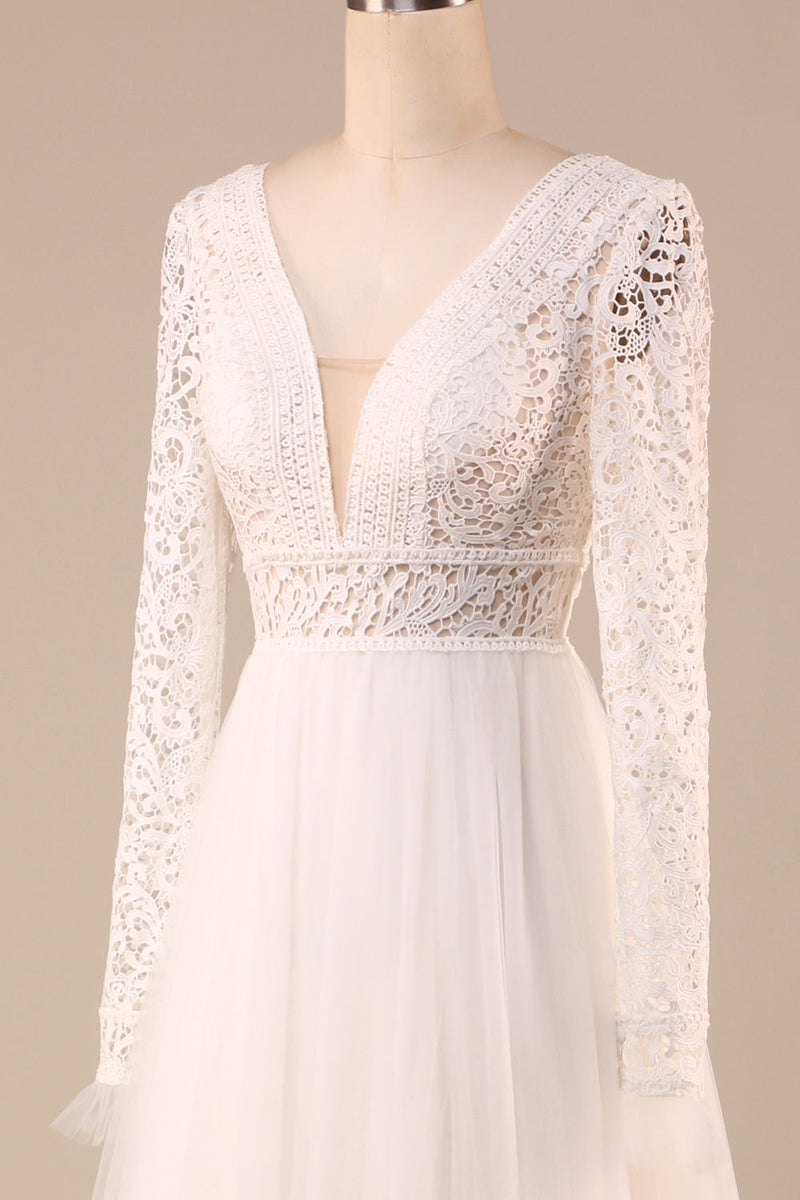 Load image into Gallery viewer, Tulle A-Line Long Sleeves Ivory Wedding Dress with Lace