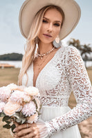 Load image into Gallery viewer, A-Line Tulle Long Sleeves Ivory Wedding Dress with Lace