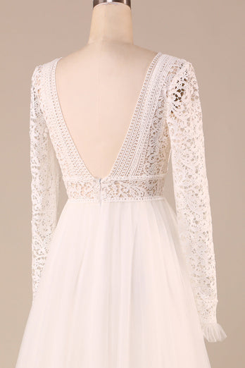 Tulle A-Line Long Sleeves Ivory Wedding Dress with Lace