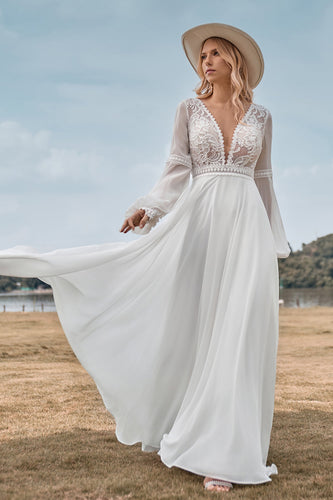 A-Line Long Sleeves Ivory Wedding Dress with Lace