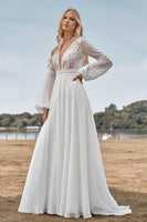 Load image into Gallery viewer, A-Line Long Sleeves Ivory Wedding Dress with Lace