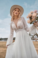 Load image into Gallery viewer, A-Line Long Sleeves Ivory Wedding Dress with Lace