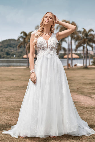 Sparkly Tulle Ivory Long Wedding Dress with Beading