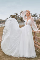 Load image into Gallery viewer, Open Back Long Sleeves Ivory Wedding Dress with Appliques