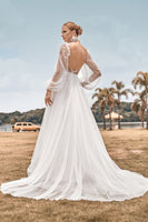Load image into Gallery viewer, Open Back Long Sleeves Ivory Wedding Dress with Appliques
