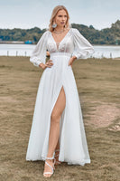 Load image into Gallery viewer, Tulle A-Line Beaded Ivory Wedding Dress with Sleeves