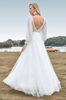 Tulle A-Line Beaded Ivory Wedding Dress with Sleeves