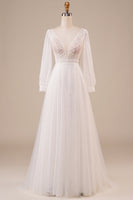 Load image into Gallery viewer, A-Line Tulle Beaded Ivory Wedding Dress with Sleeves