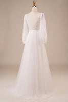 Load image into Gallery viewer, A-Line Tulle Beaded Ivory Wedding Dress with Sleeves
