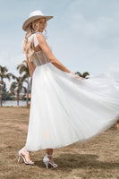 Load image into Gallery viewer, Tulle Spaghetti Straps Ivory Wedding Dress with Corset