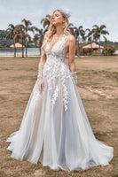 Load image into Gallery viewer, A Line Tulle Ivory Wedding Dress with Appliques