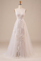 Load image into Gallery viewer, Tulle Backless Ivory Long Wedding Dress with Embroidery