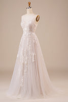 Load image into Gallery viewer, Tulle Backless Ivory Long Wedding Dress with Embroidery