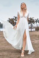 Load image into Gallery viewer, Deep V-neck Simple Boho Wedding Dress with Slit