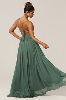 Eucalyptus Spaghetti Straps A Line Bridesmaid Dress with Slit