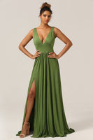 Load image into Gallery viewer, Elegant A Line Olive Deep V-neck Sleeveless Long Bridesmaid Dress