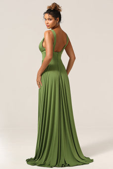 Elegant A Line Olive Deep V-neck Sleeveless Long Bridesmaid Dress