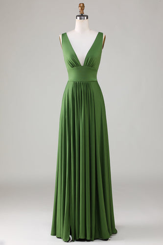 Olive Deep V-neck Sleeveless Long Bridesmaid Dress