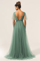 Load image into Gallery viewer, Eucalyptus V Neck Open Back A Line Bridesmaid Dress