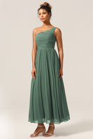 Load image into Gallery viewer, A Line One Shoulder Eucalyptus Long Bridesmaid Dress with Ruched