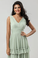Load image into Gallery viewer, Tiered Dusty Sage Bridesmaid Dress with Bow