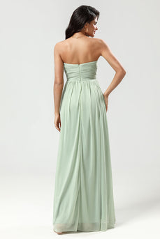 Strapless Sleeveless Dusty Sage Bridesmaid Dress with Ruffles