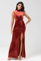 Load image into Gallery viewer, Velvet Stand Collar Terracotta Bridesmaid Dress with Split Front
