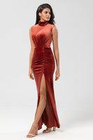 Load image into Gallery viewer, Velvet Stand Collar Terracotta Bridesmaid Dress with Split Front