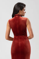Load image into Gallery viewer, Velvet Stand Collar Terracotta Bridesmaid Dress with Split Front