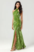 Load image into Gallery viewer, Mermaid Halter Velvet Olive Bridesmaid Dress with Slit