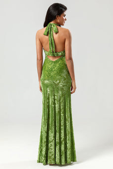 Mermaid Halter Velvet Olive Bridesmaid Dress with Slit