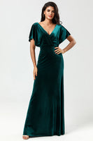 Load image into Gallery viewer, V-Neck Velvet Peacock Bridesmaid Dress with Ruffles
