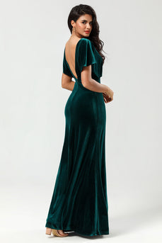 V-Neck Velvet Peacock Bridesmaid Dress with Ruffles