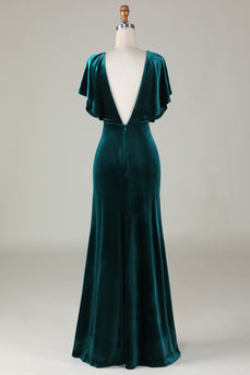 Velvet V-Neck Peacock Bridesmaid Dress with Ruffles