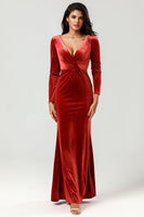 Load image into Gallery viewer, Velvet Terracotta Long Bridesmaid Dress with Long Sleeves