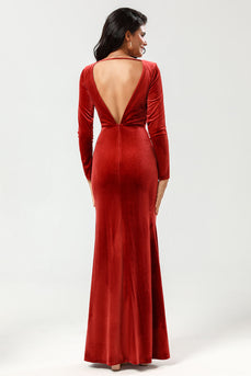 Velvet Terracotta Long Bridesmaid Dress with Long Sleeves