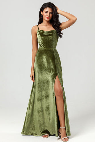 Velvet Spaghetti Straps Olive Bridesmaid Dress with Split Front