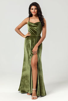 Velvet Spaghetti Straps Olive Bridesmaid Dress with Split Front