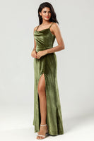 Load image into Gallery viewer, Velvet Spaghetti Straps Olive Bridesmaid Dress with Split Front