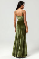Load image into Gallery viewer, Velvet Spaghetti Straps Olive Bridesmaid Dress with Split Front