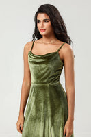 Load image into Gallery viewer, Velvet Spaghetti Straps Olive Bridesmaid Dress with Split Front