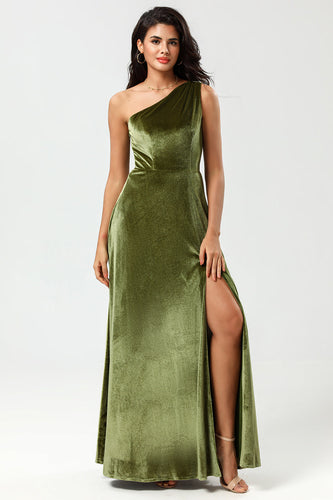 Velvet One Shoulder Olive Bridesmaid Dress with Split Front