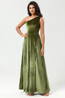 Load image into Gallery viewer, Velvet One Shoulder Olive Bridesmaid Dress with Split Front