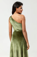Load image into Gallery viewer, Velvet One Shoulder Olive Bridesmaid Dress with Split Front